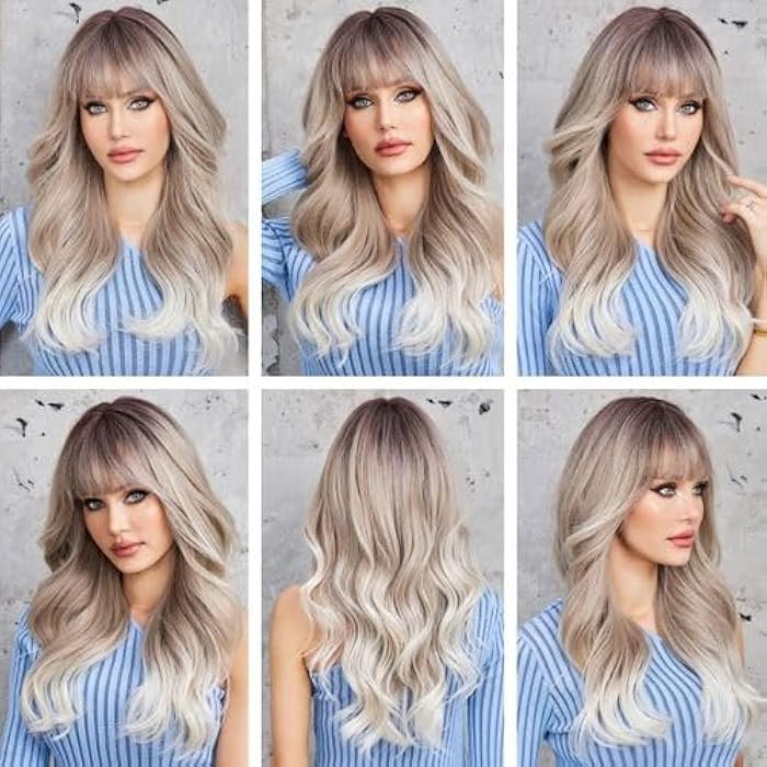 DILLARDS Ombre Gray White Long Wavy Wig With Bangs And Dark Roots - Image 1
